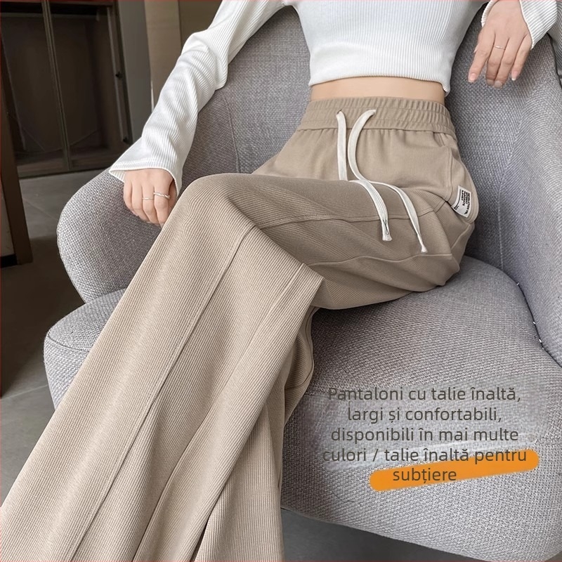 Pantaloni femei cu croială dreaptă, talie înaltă, lungi, poliester, ușoară elasticitate, casual, toamna 2025
