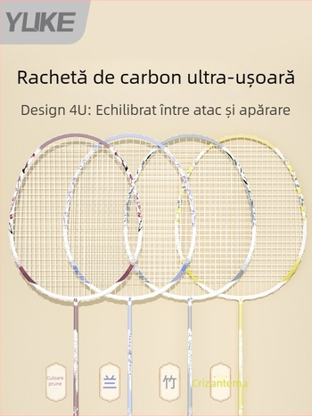 Rachetă badminton Yuke, ramă din fibră de carbon, șnururi din nylon, 6 buc., 95–100 g, rigidă, lovire directă, pentru adolescenți