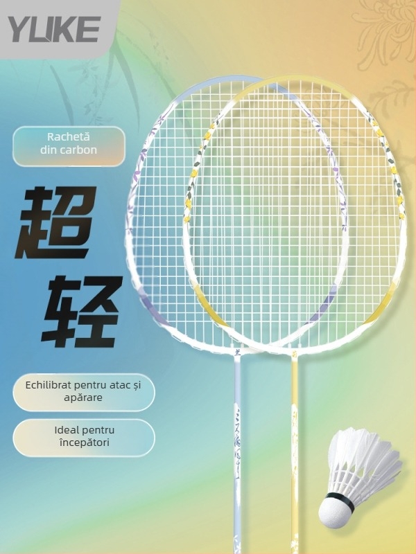 Rachetă badminton Yuke, ramă din fibră de carbon, șnururi din nylon, 6 buc., 95–100 g, rigidă, lovire directă, pentru adolescenți