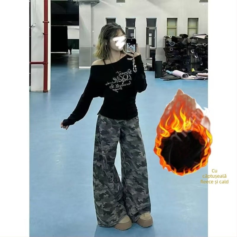 Blugi de damă din denim – talie înaltă, croială largă, spălate, pantaloni lungi