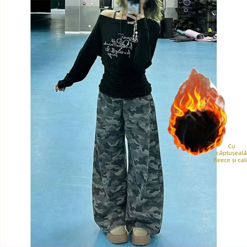 Blugi de damă din denim – talie înaltă, croială largă, spălate, pantaloni lungi