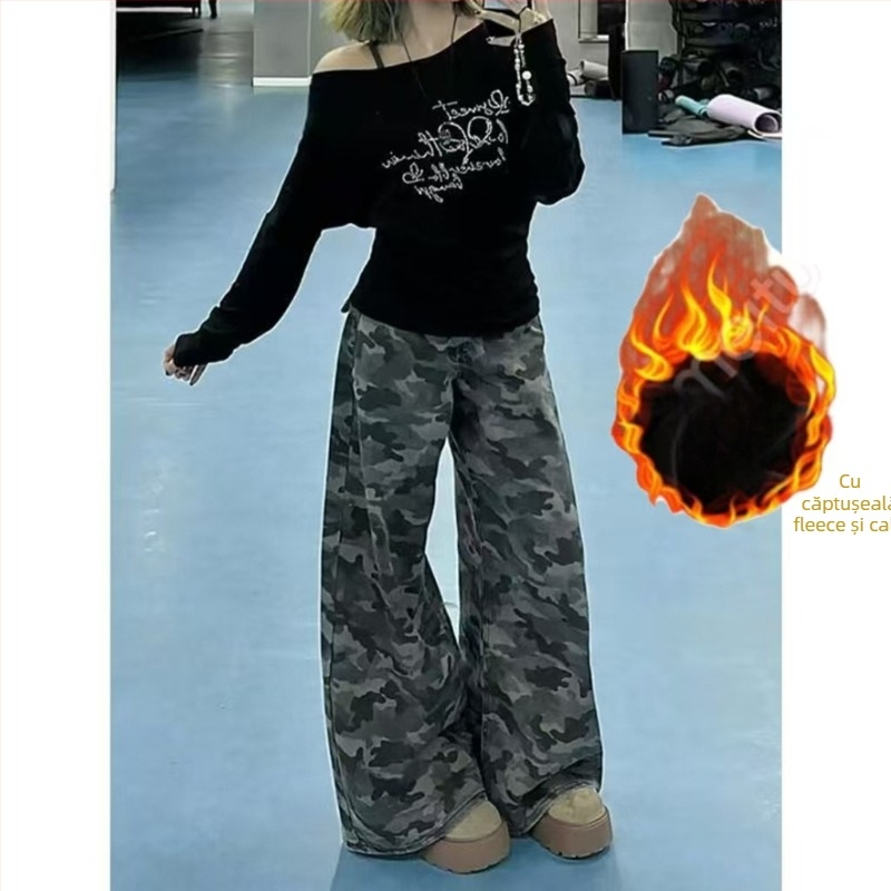 Blugi de damă din denim – talie înaltă, croială largă, spălate, pantaloni lungi