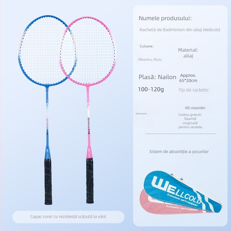 Raquetă de badminton pentru începători cu atac și apărare integrate, pentru adulți, set de 2 bucăți, greutate 95–100 g, mâner G3, tijă rigidă, cadru din feroaliaj