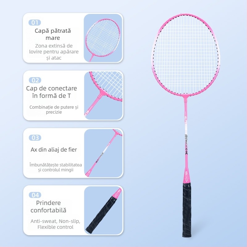 Raquetă de badminton pentru începători cu atac și apărare integrate, pentru adulți, set de 2 bucăți, greutate 95–100 g, mâner G3, tijă rigidă, cadru din feroaliaj