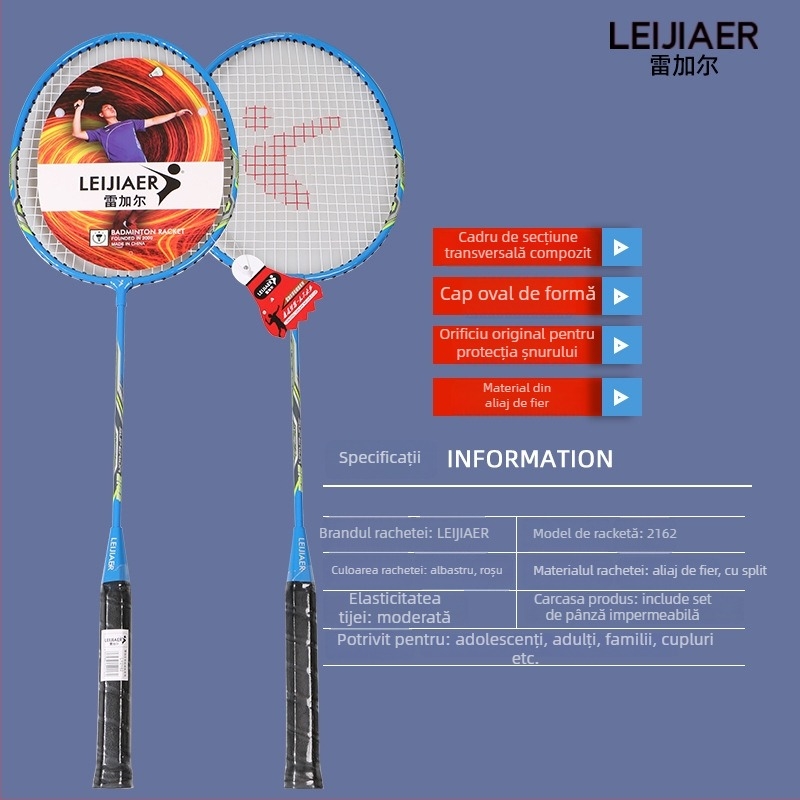 Rachetă de badminton cu cadru din aliaj de fier, corzi din nylon, personalizabilă, potrivită pentru juniori amatori, rigiditate a tijelor moderată