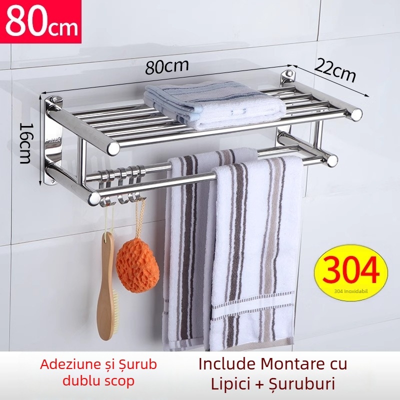 Suport pentru prosoape din oțel inoxidabil, montaj fără găuri, finisaj lucios, baie, stil modern minimalist