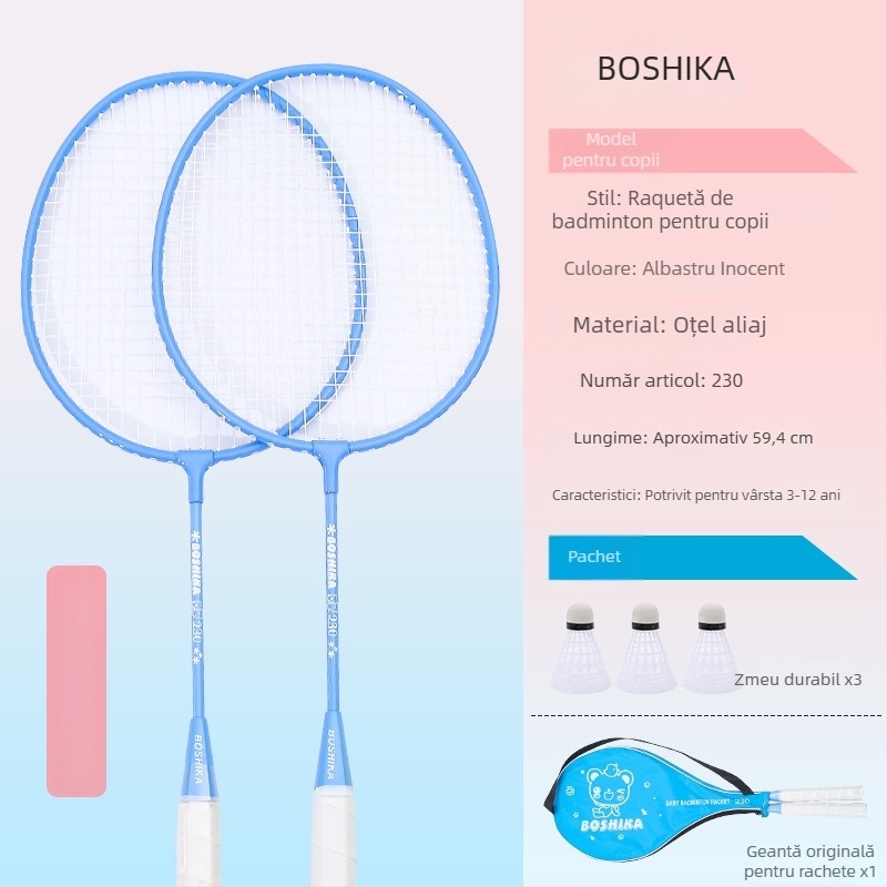 Rachetă de badminton pentru copii, Bosska; cadru din aliaj de fier; șnururi din nailon; pentru copii; duritatea tijei moderată