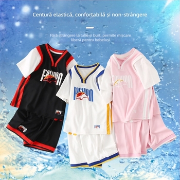 Set sport pentru copii uscat rapid, tricou cu mânecă scurtă și pantaloni, 93% poliester + 7% spandex, căptuire din poliester, model sport, pentru copii 7–12 ani