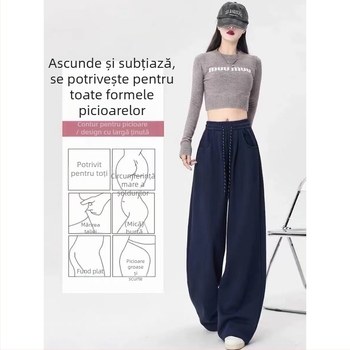 Pantaloni largi pentru femei, talie medie, lungi, 90-95% poliester, stil casual japoniano-coreean