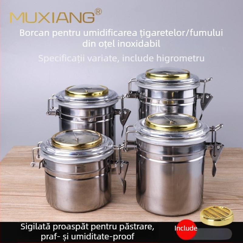 Muxiang Borcan din oțel inoxidabil pentru umidificarea tutunului, cu higrometru