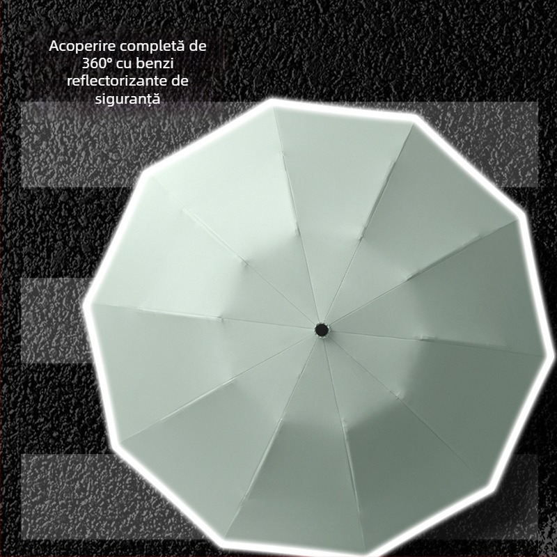 Umbrelă inversă cu 10 brațe, deschidere automată, margine reflectorizantă și bandă luminoasă, imprimare logo și personalizare
