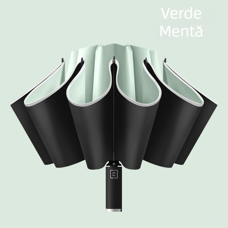 Umbrelă inversă cu 10 brațe, deschidere automată, margine reflectorizantă și bandă luminoasă, imprimare logo și personalizare
