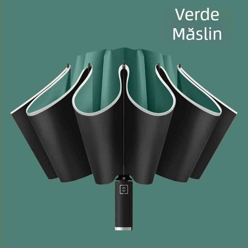 Umbrelă inversă cu 10 brațe, deschidere automată, margine reflectorizantă și bandă luminoasă, imprimare logo și personalizare