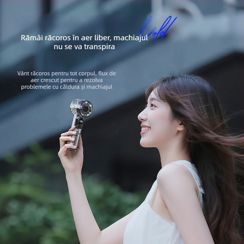 Ventilator de mână mini, 6 viteze de flux de aer, baterie încorporată 1200–2000mAh, reîncărcabil, 3 palete, funcționare silențioasă sub 36 dB, alimentare 5V