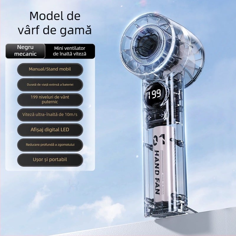 Ventilator de mână mini, 6 viteze de flux de aer, baterie încorporată 1200–2000mAh, reîncărcabil, 3 palete, funcționare silențioasă sub 36 dB, alimentare 5V