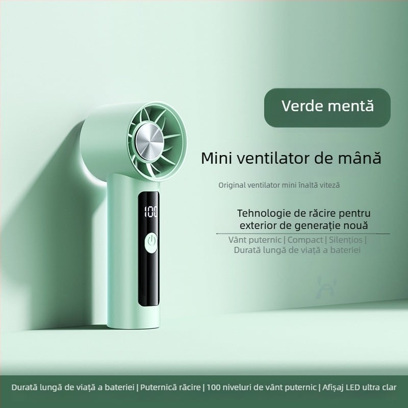 Ventilator de mână mini, 6 viteze de flux de aer, baterie încorporată 1200–2000mAh, reîncărcabil, 3 palete, funcționare silențioasă sub 36 dB, alimentare 5V