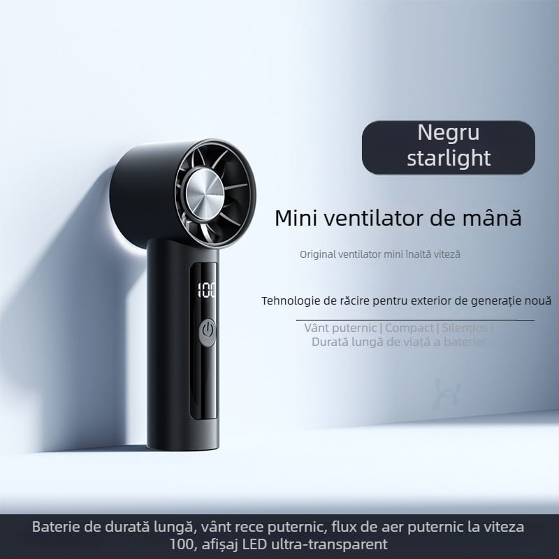 Ventilator de mână mini, 6 viteze de flux de aer, baterie încorporată 1200–2000mAh, reîncărcabil, 3 palete, funcționare silențioasă sub 36 dB, alimentare 5V