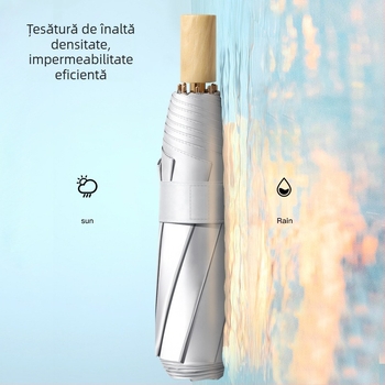 Umbrelă cu 8 nervuri, design tri-fold, țesătură 190T, cadru din aliaj, mâner din lemn, UPF50+