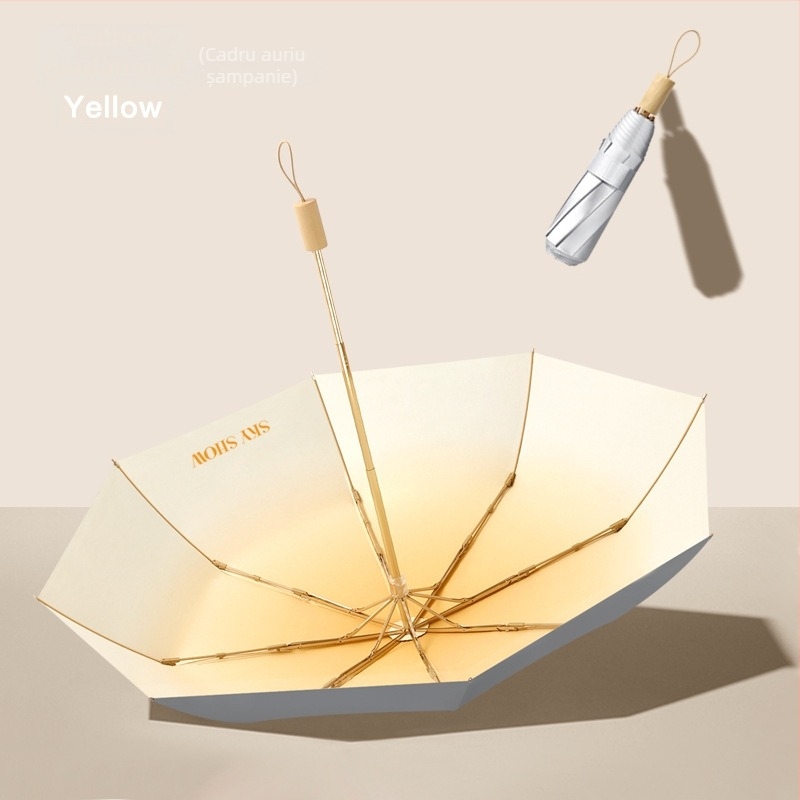 Umbrelă cu 8 nervuri, design tri-fold, țesătură 190T, cadru din aliaj, mâner din lemn, UPF50+