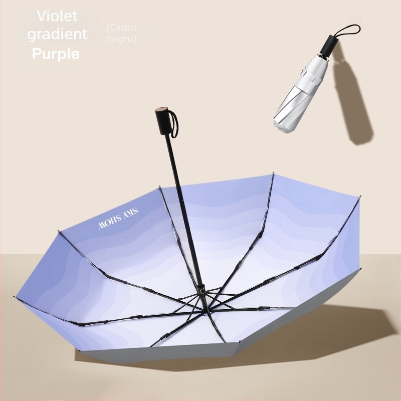 Umbrelă cu 8 nervuri, design tri-fold, țesătură 190T, cadru din aliaj, mâner din lemn, UPF50+