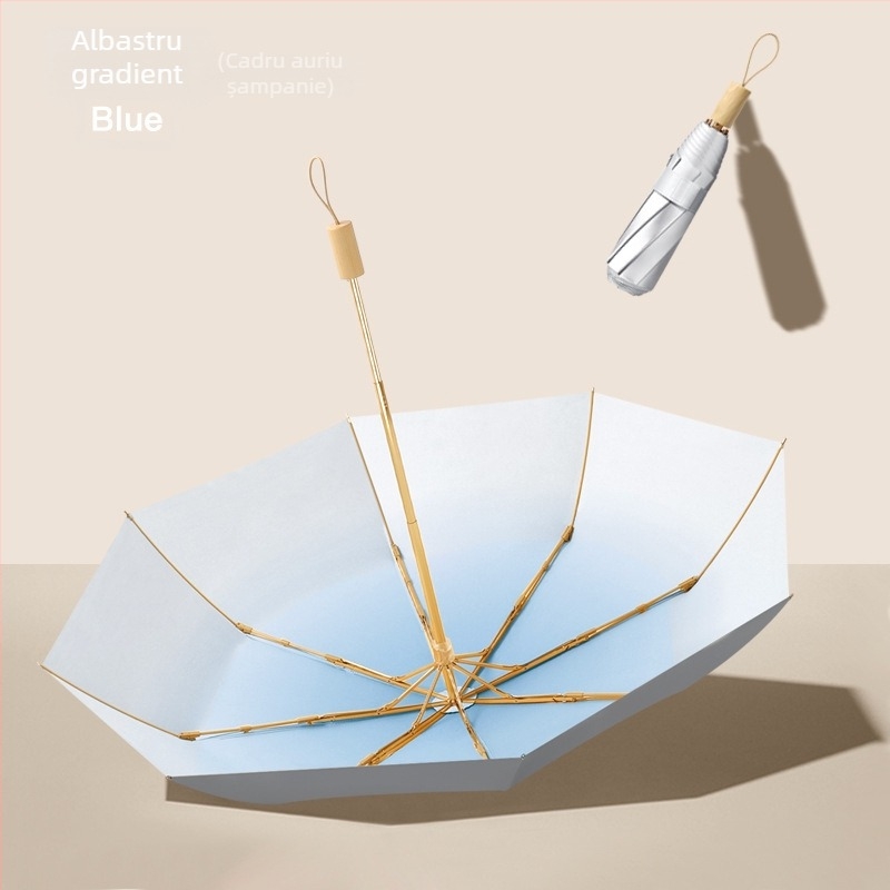 Umbrelă cu 8 nervuri, design tri-fold, țesătură 190T, cadru din aliaj, mâner din lemn, UPF50+