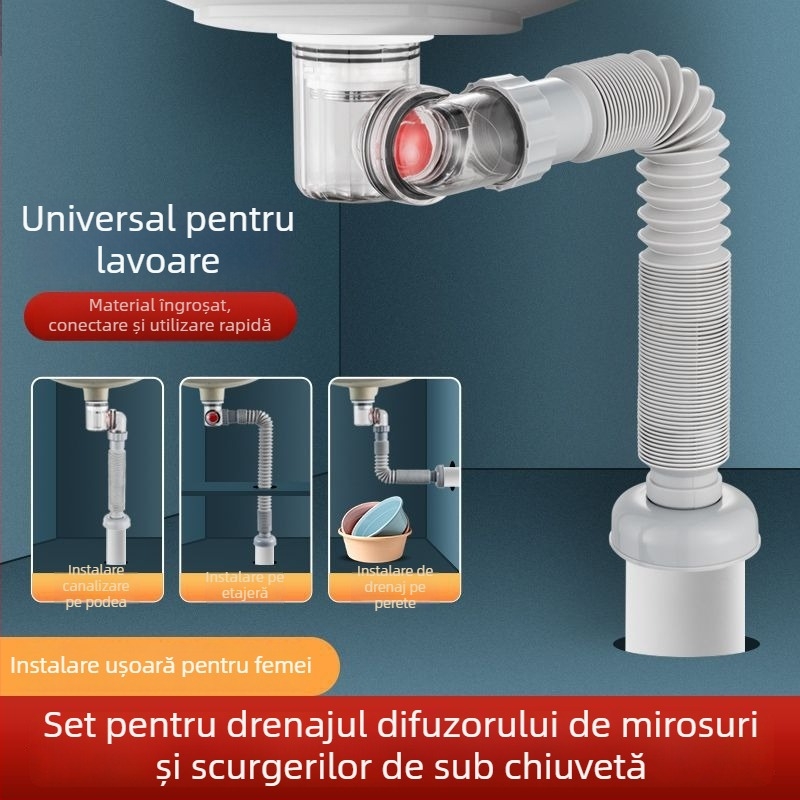 Drenaj chiuvetă sub chiuvetă, ABS, formă P, capac basculant, stil lux ușor, model 001, universal