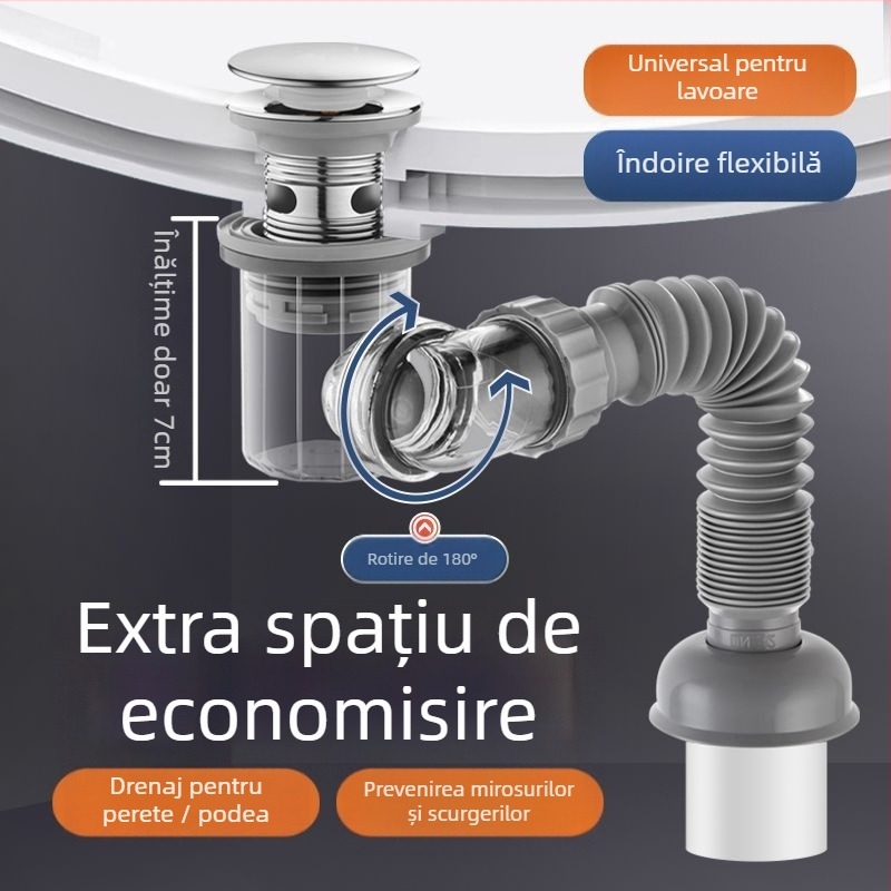 Drenaj chiuvetă sub chiuvetă, ABS, formă P, capac basculant, stil lux ușor, model 001, universal