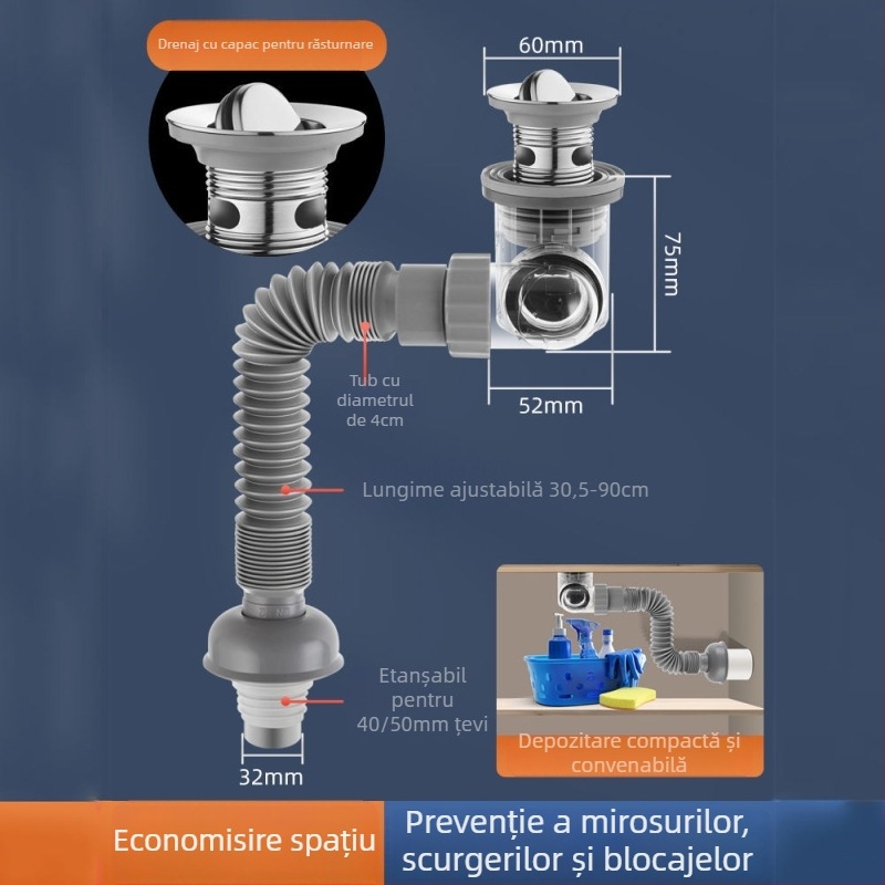 Drenaj chiuvetă sub chiuvetă, ABS, formă P, capac basculant, stil lux ușor, model 001, universal