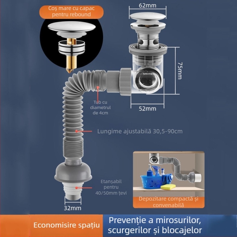 Drenaj chiuvetă sub chiuvetă, ABS, formă P, capac basculant, stil lux ușor, model 001, universal
