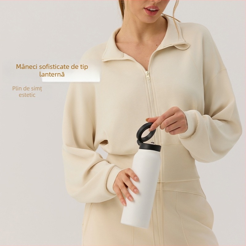 Geacă de iarnă pentru femei cu guler înalt și fermoar, mâneci balon și talie cu șnur