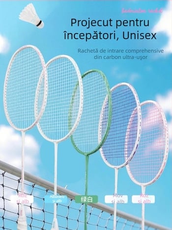 Rachetă de badminton – Cadru din fibră de carbon, greutate 85–89 g, lovitură directă, potrivită pentru începători