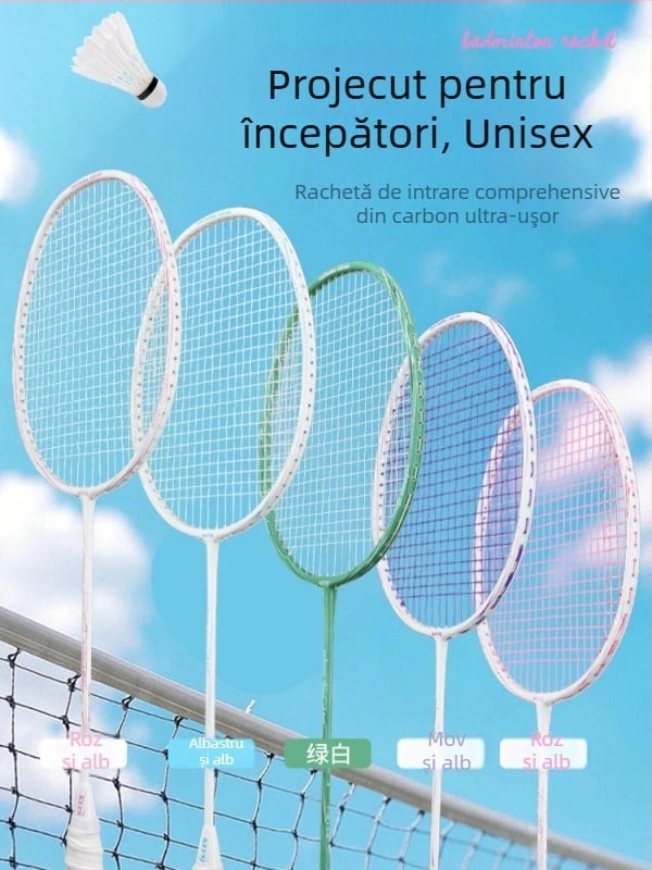 Rachetă de badminton – Cadru din fibră de carbon, greutate 85–89 g, lovitură directă, potrivită pentru începători