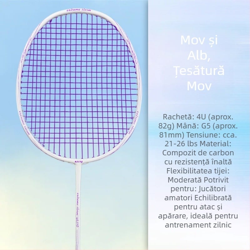 Rachetă de badminton – Cadru din fibră de carbon, greutate 85–89 g, lovitură directă, potrivită pentru începători