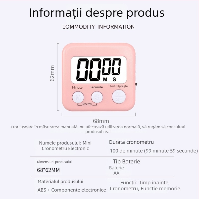 Kaitai KT temporizator digital cu alarmă și cronograf, afișaj LED, alimentare cu baterie, ABS carcasă, formă dreptunghiulară