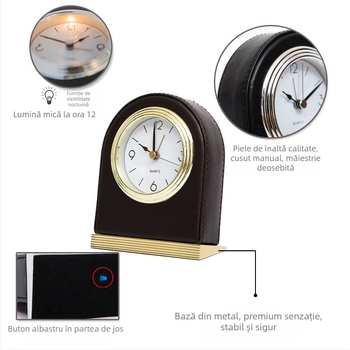 Ceas deșteptător pentru camere de hotel, carcasă din piele PU, mecanism Seiko, afișaj LED cu citire analogică și digitală, iluminare nocturnă, cronograf, afișaj 24 de ore