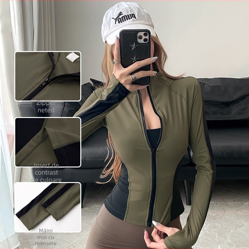 Geacă sport pentru yoga, croială slim, guler înalt, fermoar, mâneci lungi, model cu contrast (Toamnă, 75% nailon)
