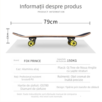 Skateboard FOXPRINE - aliaj de aluminiu, placă cu rocker dublu, utilizare universală, pentru începători