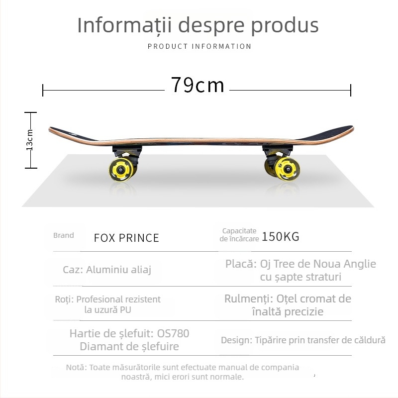 Skateboard FOXPRINE - aliaj de aluminiu, placă cu rocker dublu, utilizare universală, pentru începători