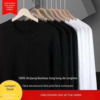 Tricou bărbați din bumbac, cu mânecă lungă, guler rotund, croială slim, țesătură groasă, 96%+ bumbac.