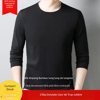 Tricou bărbați din bumbac, cu mânecă lungă, guler rotund, croială slim, țesătură groasă, 96%+ bumbac.