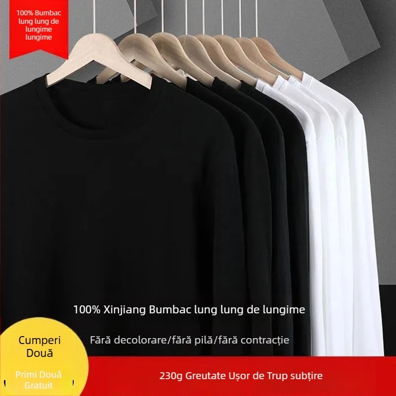 Tricou bărbați din bumbac, cu mânecă lungă, guler rotund, croială slim, țesătură groasă, 96%+ bumbac.