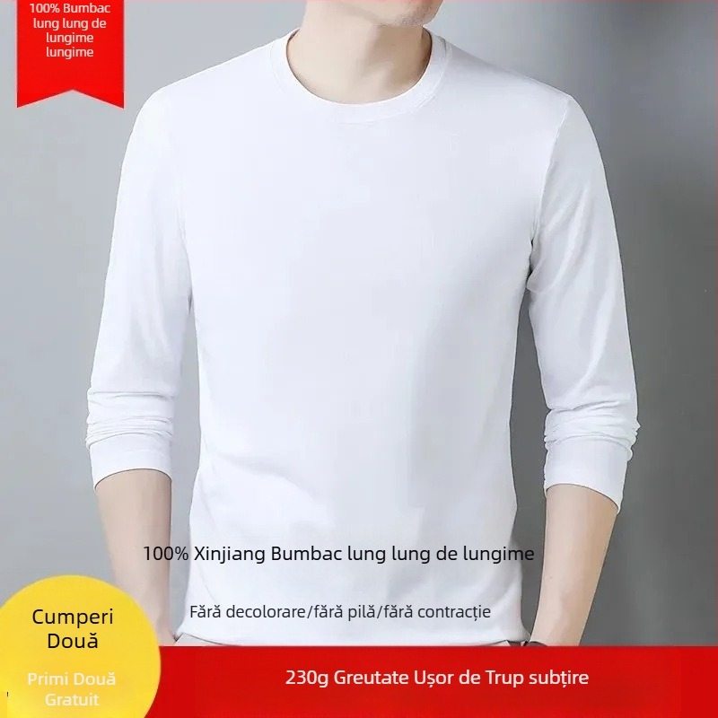 Tricou bărbați din bumbac, cu mânecă lungă, guler rotund, croială slim, țesătură groasă, 96%+ bumbac.