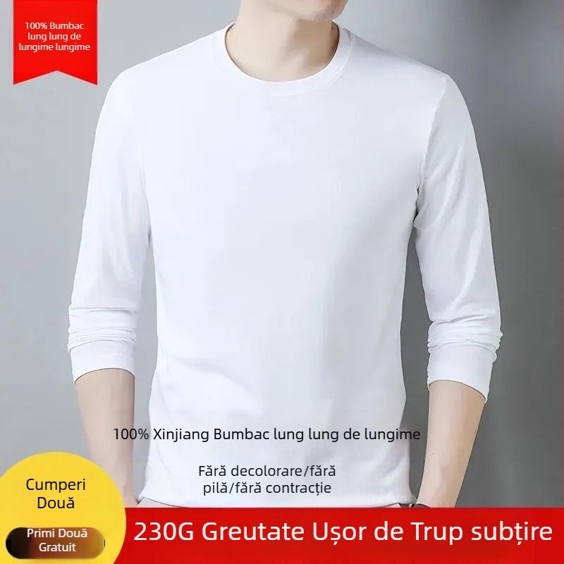 Tricou bărbați din bumbac, cu mânecă lungă, guler rotund, croială slim, țesătură groasă, 96%+ bumbac.
