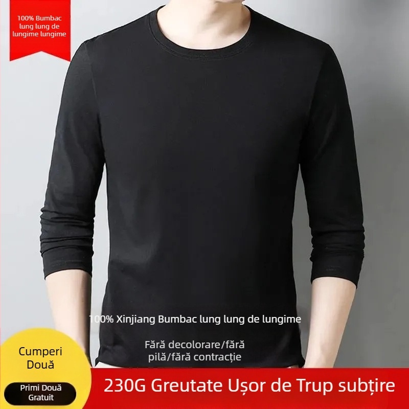 Tricou bărbați din bumbac, cu mânecă lungă, guler rotund, croială slim, țesătură groasă, 96%+ bumbac.