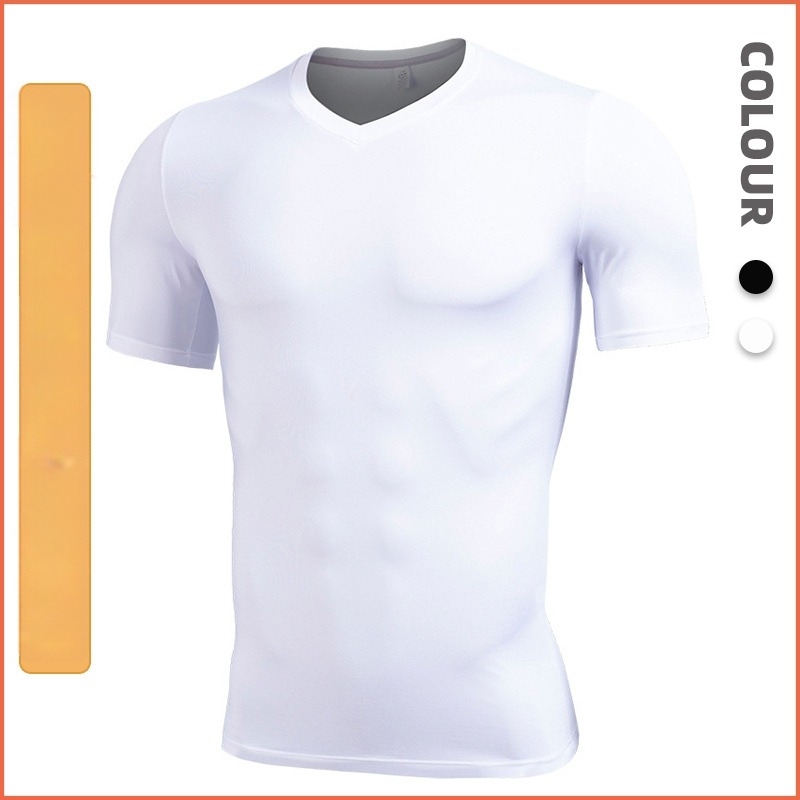 Tricou sport masculin, slim, cu mâneci scurte, decolteu în V, uscare rapidă, 95% poliester + 5% elastan, pentru antrenamentele de vară