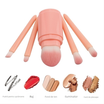 Set de pensule de machiaj, de 5 piese, periile din nylon, mânere din plastic, portabil cu capac, lungime totală 14 cm, include pensula de pudră și pensula de fard de pleoape