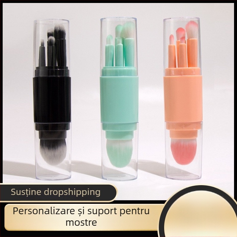 Set de pensule de machiaj, de 5 piese, periile din nylon, mânere din plastic, portabil cu capac, lungime totală 14 cm, include pensula de pudră și pensula de fard de pleoape
