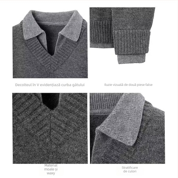 Pulover tricotat pentru bărbați, guler rotund, blocuri de culoare, mâneci lungi, croială lejeră, amestec de poliester