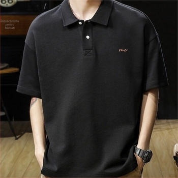 Polo bărbătesc – croială lejeră, mâneci scurte, culoare solidă, stil coreean, material din bumbac perlă cu peste 96% bumbac, lavabil la mașină, vară.