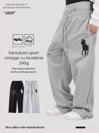 Pantaloni sport casual cu logo brodat, stil american retro, talie cu bandă dublă, croială lejeră, picioare drepte, terry din bumbac-poliester 50/50